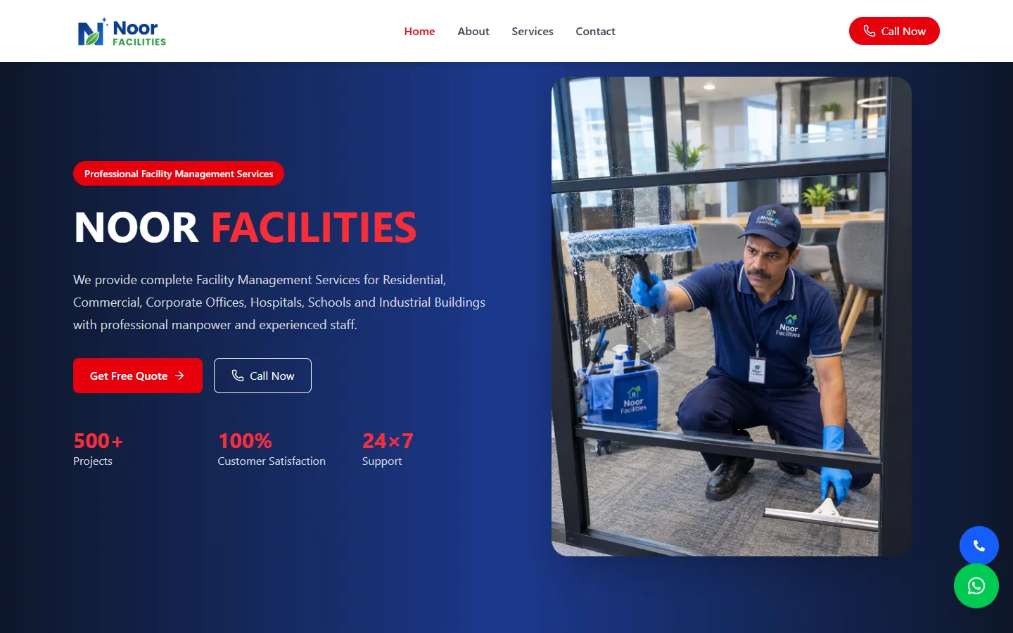 Noor Facilities website homepage, designed and developed by Fenbrix