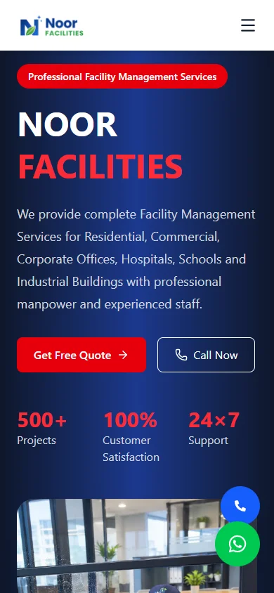Noor Facilities website homepage on mobile