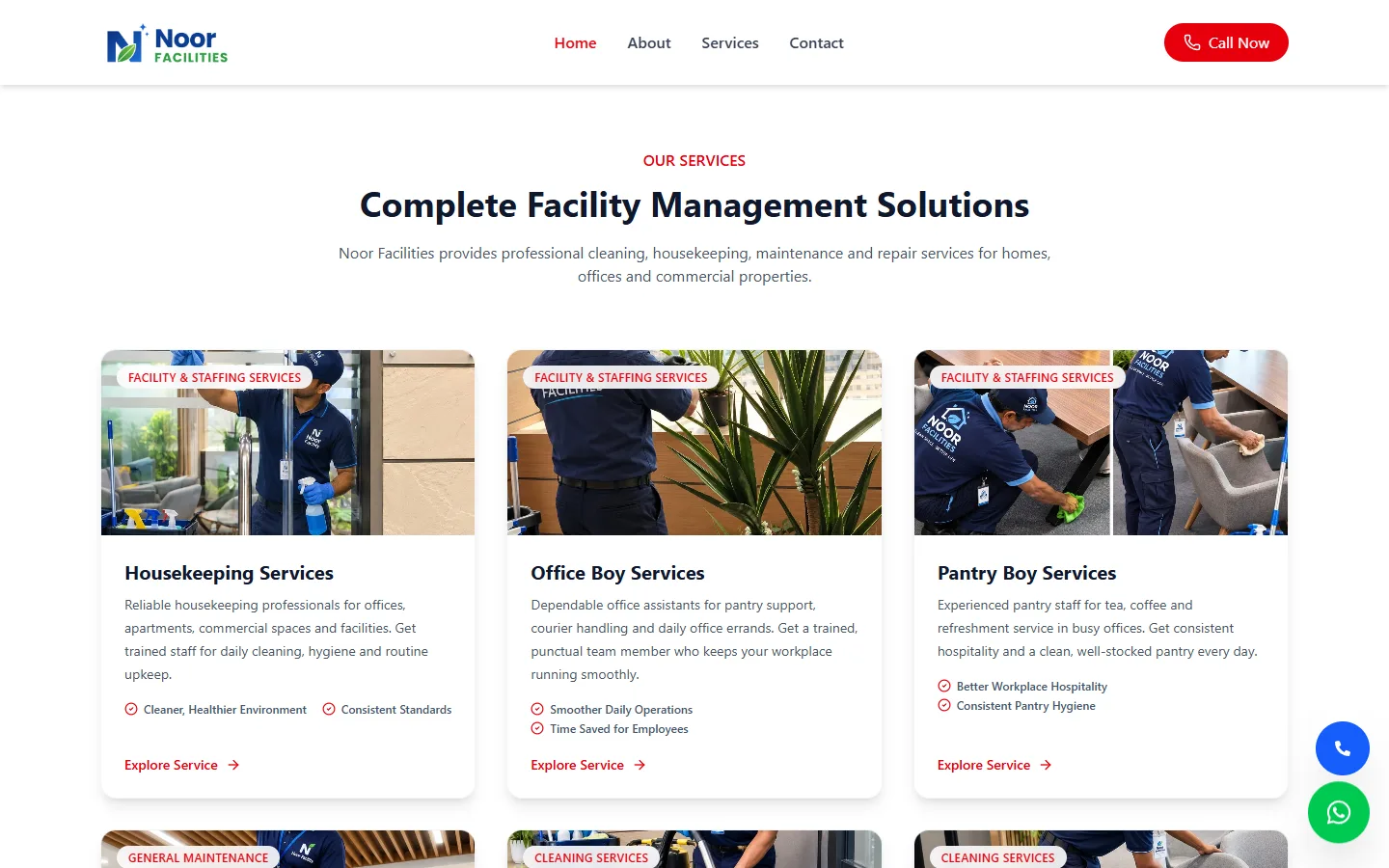 Services section of the Noor Facilities website