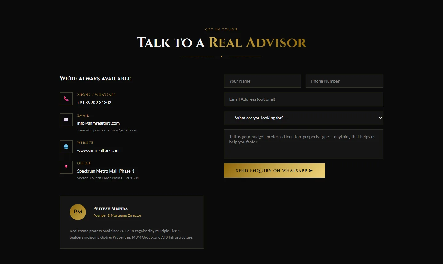 Contact section of the SNM Realtors website with phone, email, Noida office details and a WhatsApp enquiry form
