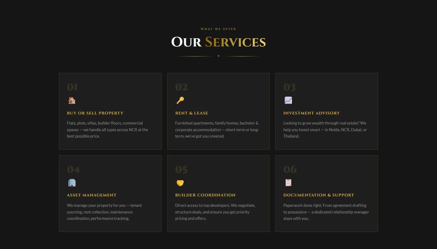 Our Services section of the SNM Realtors website: buy or sell, rent and lease, investment advisory, asset management, builder coordination, documentation and support