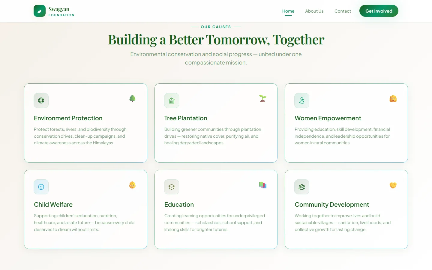Causes section of the Swagyan Foundation website: environment protection, tree plantation, women empowerment, child welfare, education and community development