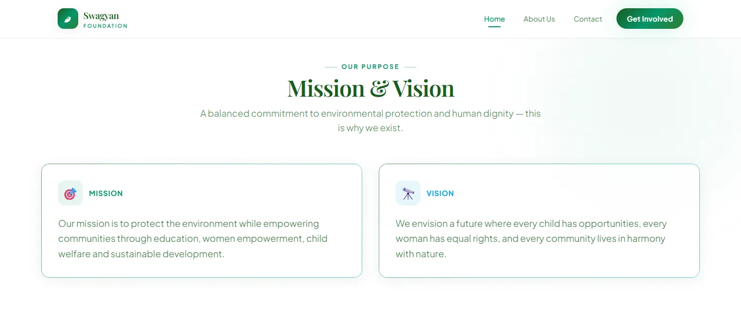 Mission and vision section of the Swagyan Foundation website